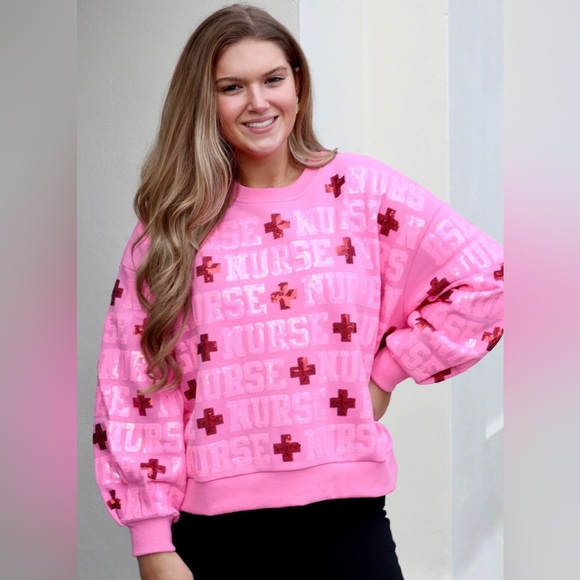 QUEEN OF SPARKLES Pink Sequin NURSE Allover Sweatshirt NWT - Picture 5 of 13
